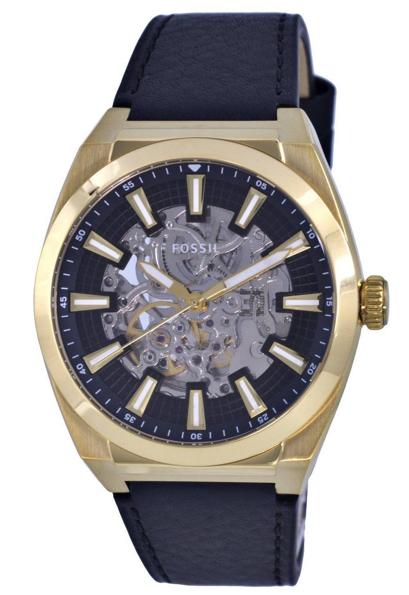 Fossil Everett Skeleton Leather Black Dial Automatic ME3208 Men's Watch
