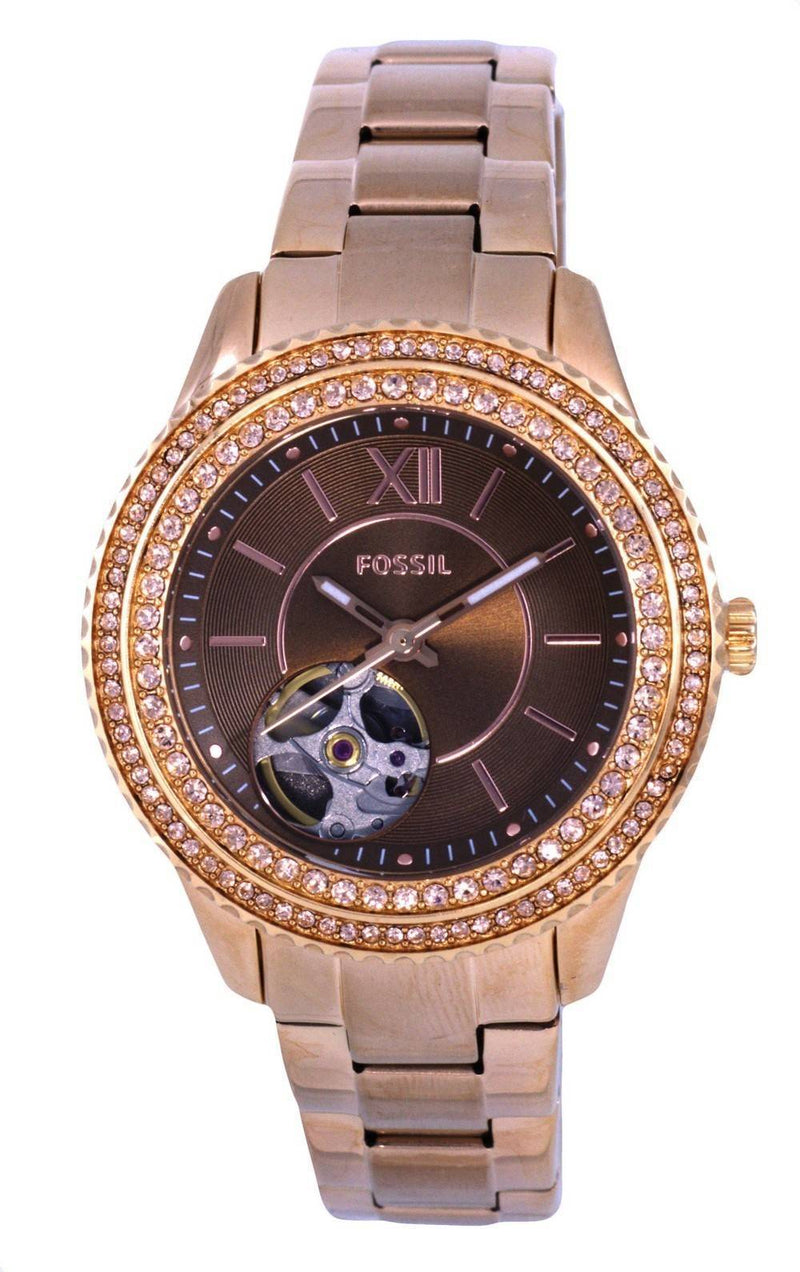 Fossil Stella Crystal Accents Open Heart Brown Dial Automatic