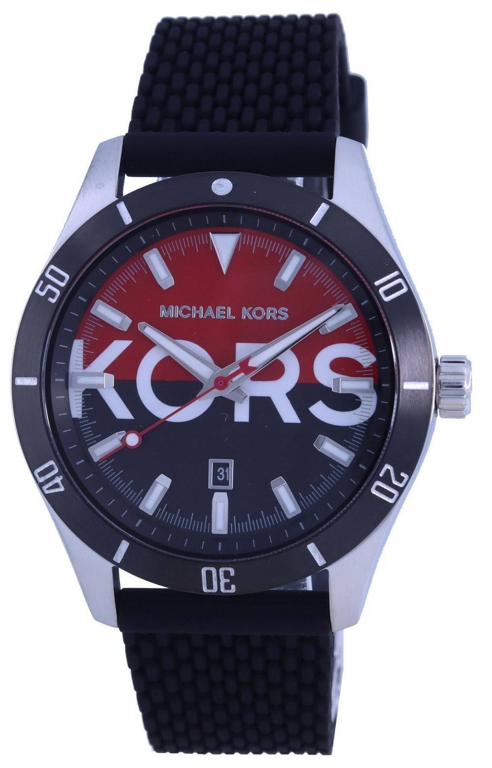 NWT MICHAEL KORS Layton Men's Red Dial Date BlacK Black Silicone on sale Watch MK8892