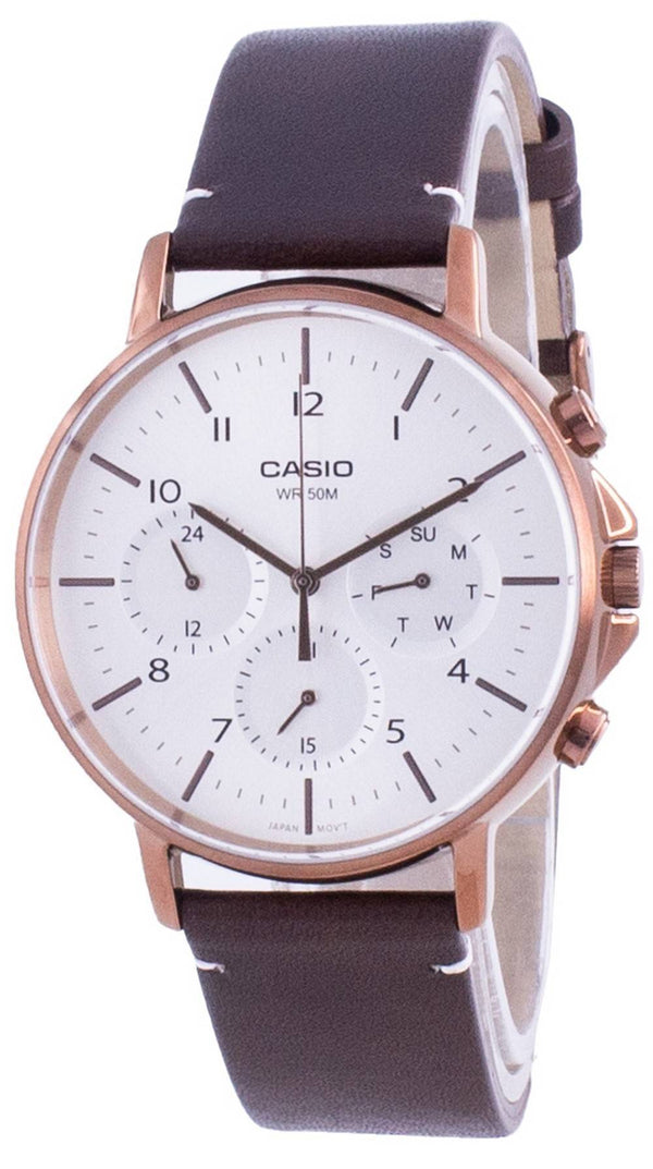 Casio Multi Hands Silver Dial Leather Strap Quartz MTP-E321RL-5A MTPE321RL-5 Men's Watch