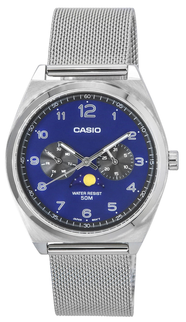 Casio Standard Analog Stainless Steel Mesh Bracelet Moon Phase Blue Dial Quartz MTP-M300M-2A Men's Watch