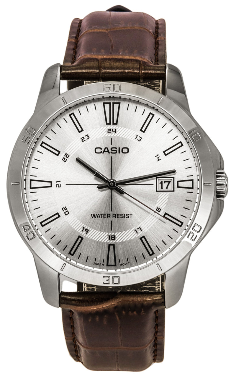 Casio Standard Analog Brown Leather Strap Silver Dial Quartz MTP-V004L-7C Men's Watch