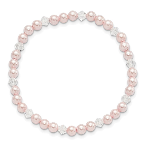 4mm Pink Imitation Shell Pearl and Faceted Clear Crystal 45mm Stretch Bracelet