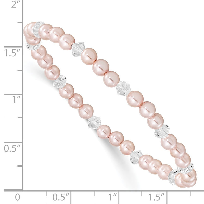 4mm Pink Imitation Shell Pearl and Faceted Clear Crystal 45mm Stretch Bracelet