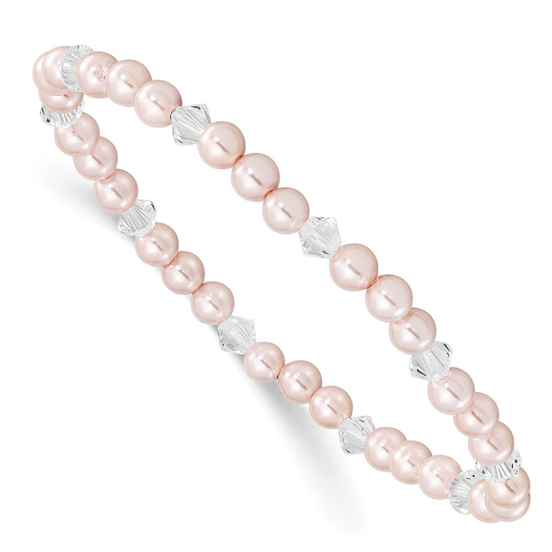 4mm Pink Imitation Shell Pearl and Faceted Clear Crystal 45mm Stretch Bracelet