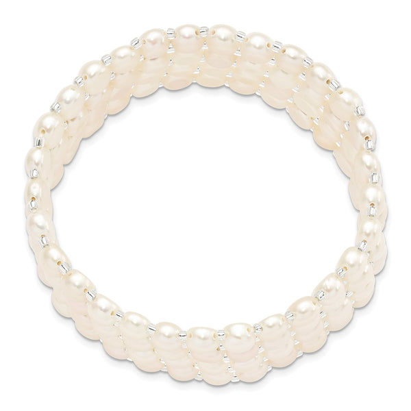 6-7mm White Button Freshwater Cultured Pearl and Glass Beaded 4-Row Stretch Bracelet