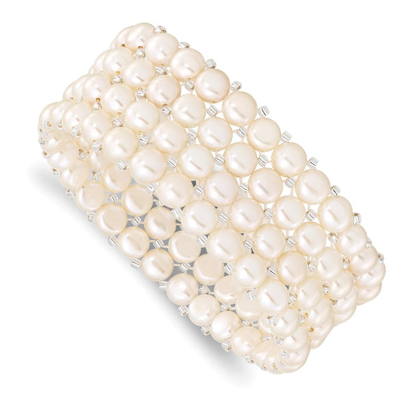 6-7mm White Button Freshwater Cultured Pearl and Glass Beaded 4-Row Stretch Bracelet