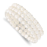 6-7mm White Button Freshwater Cultured Pearl and Glass Beaded 3-Row Stretch Bracelet