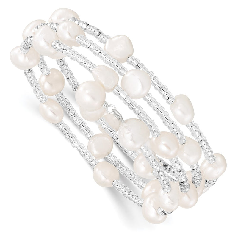 7-8mm White Baroque Freshwater Cultured Pearl and Glass Beaded Wrap Bracelet