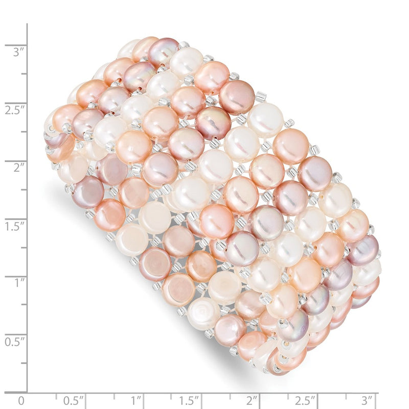 6-7mm White/Pink/Purple Button Freshwater Cultured Pearl and Glass Beaded 4-Row Stretch Bracelet