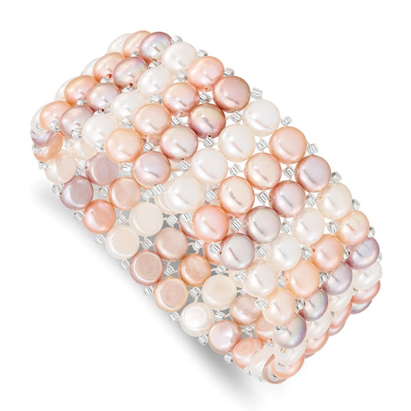 6-7mm White/Pink/Purple Button Freshwater Cultured Pearl and Glass Beaded 4-Row Stretch Bracelet