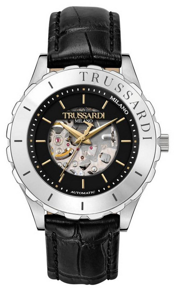 Trussardi T-Logo Semi Skeleton Black Dial Leather Strap Automatic R2421143002 Men's Watch