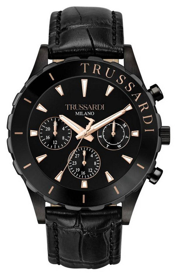 Trussardi T-Logo Black Dial Leather Strap Quartz R2451143003 Men's Watch