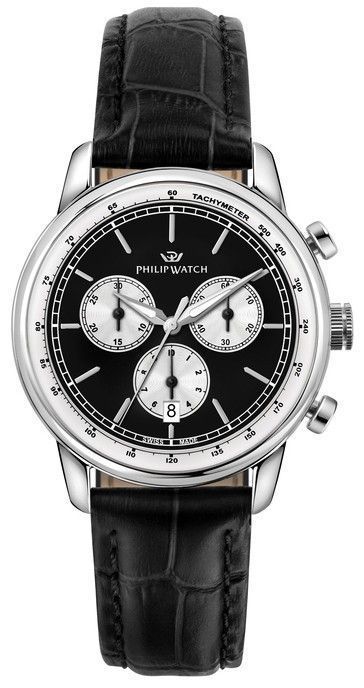 Philip Watch Swiss Made Anniversary Chronograph Leather Strap Black Dial Quartz R8271650002 100M Men's Watch
