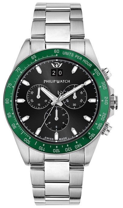 Philip Watch Swiss Made Caribe Sport Chronograph Stainless Steel Black Sunray Dial Quartz R8273607010 100M Men's Watch
