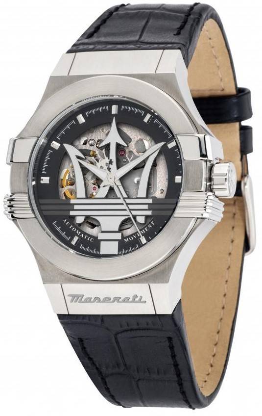 Maserati Potenza Leather Strap Skeleton Black Dial Automatic R8821108038 100M Men's Watch