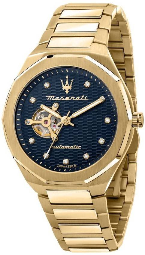 Maserati Stille Diamond Accents Gold Tone Stainless Steel Open Heart Blue Dial Automatic R8823140006 100M Men's Watch