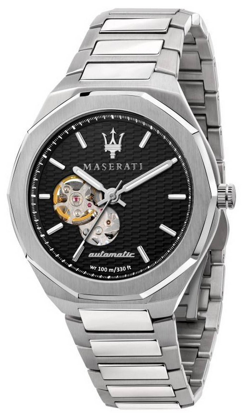 Maserati Stile Open Heart Black Dial Stainless Steel Automatic R8823142002 100M Men's Watch