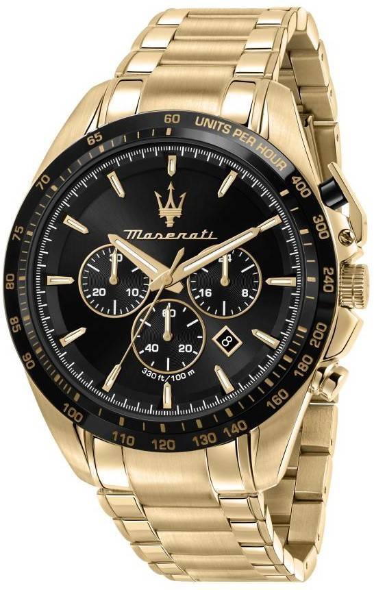 Maserati Traguardo Chronograph Gold Tone Stainless Steel Black Dial Quartz R8873612041 100M Men's Watch