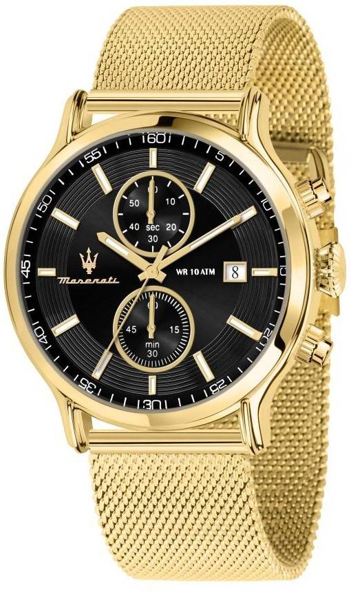 Maserati Epoca Chronograph Gold Tone Stainless Steel Mesh Black Dial Quartz R8873618014 100M Men's Watch