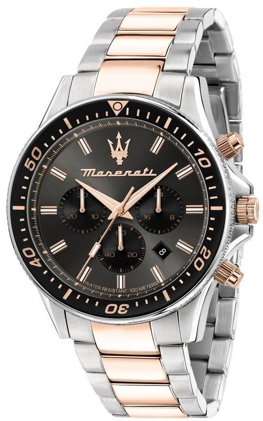 Maserati Sfida Chronograph Two Tone Stainless Steel Black Dial Quartz R8873640002 100M Men's Watch