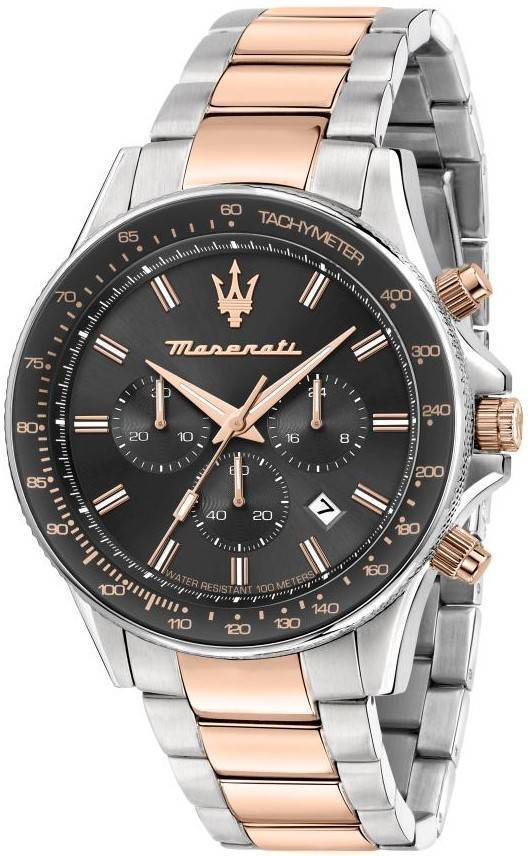 Maserati Stile Chronograph Two Tone Stainless Steel Black Dial Quartz R8873640021 100M Men's Watch