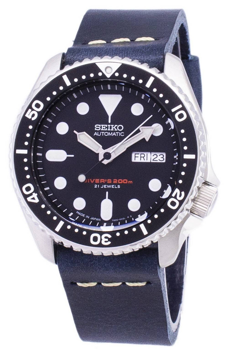Seiko Automatic SKX007J1-var-LS15 Diver's 200M Japan Made Dark Blue Leather Strap Men's Watch