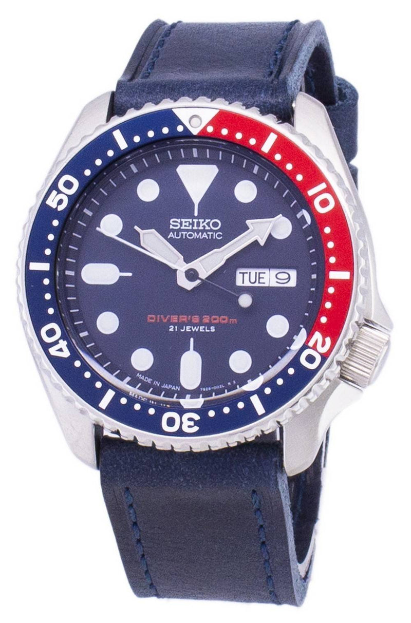Seiko Automatic SKX009J1-var-LS13 Diver's 200M Dark Blue Leather Strap Men's Watch