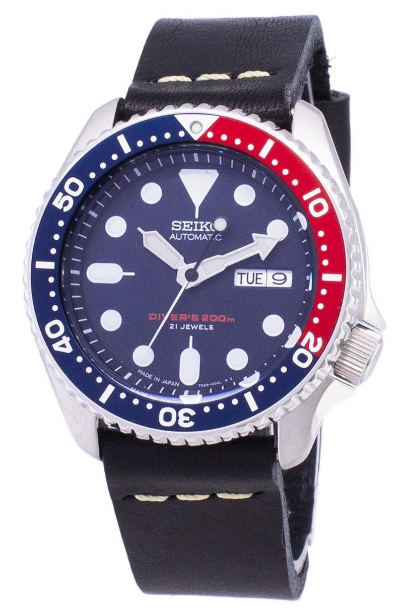 Seiko Automatic SKX009J1-var-LS14 Diver's 200M Japan Made Black Leather Strap Men's Watch