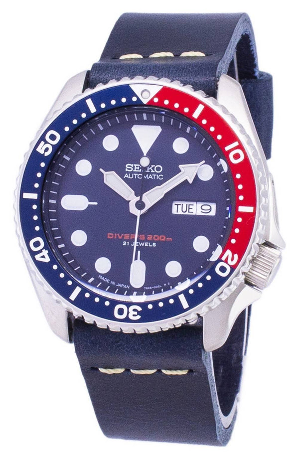 Seiko Automatic SKX009J1-var-LS15 Diver's 200M Dark Blue Leather Strap Men's Watch