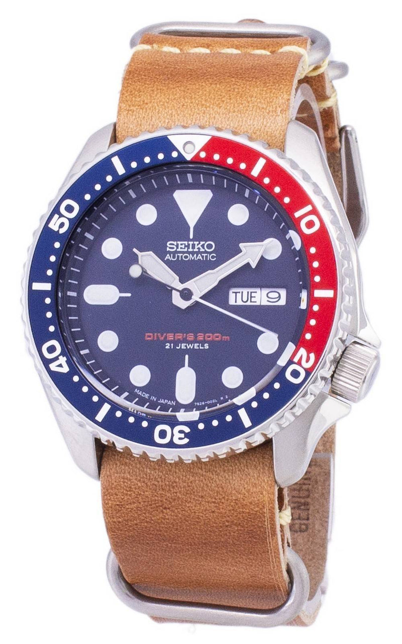 Seiko Automatic SKX009J1-var-LS18 Diver's 200M Japan Made Brown Leather Strap Men's Watch