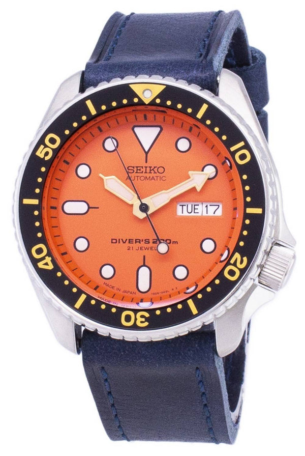 Seiko Automatic SKX011J1-var-LS13 Diver's 200M Dark Blue Leather Strap Men's Watch