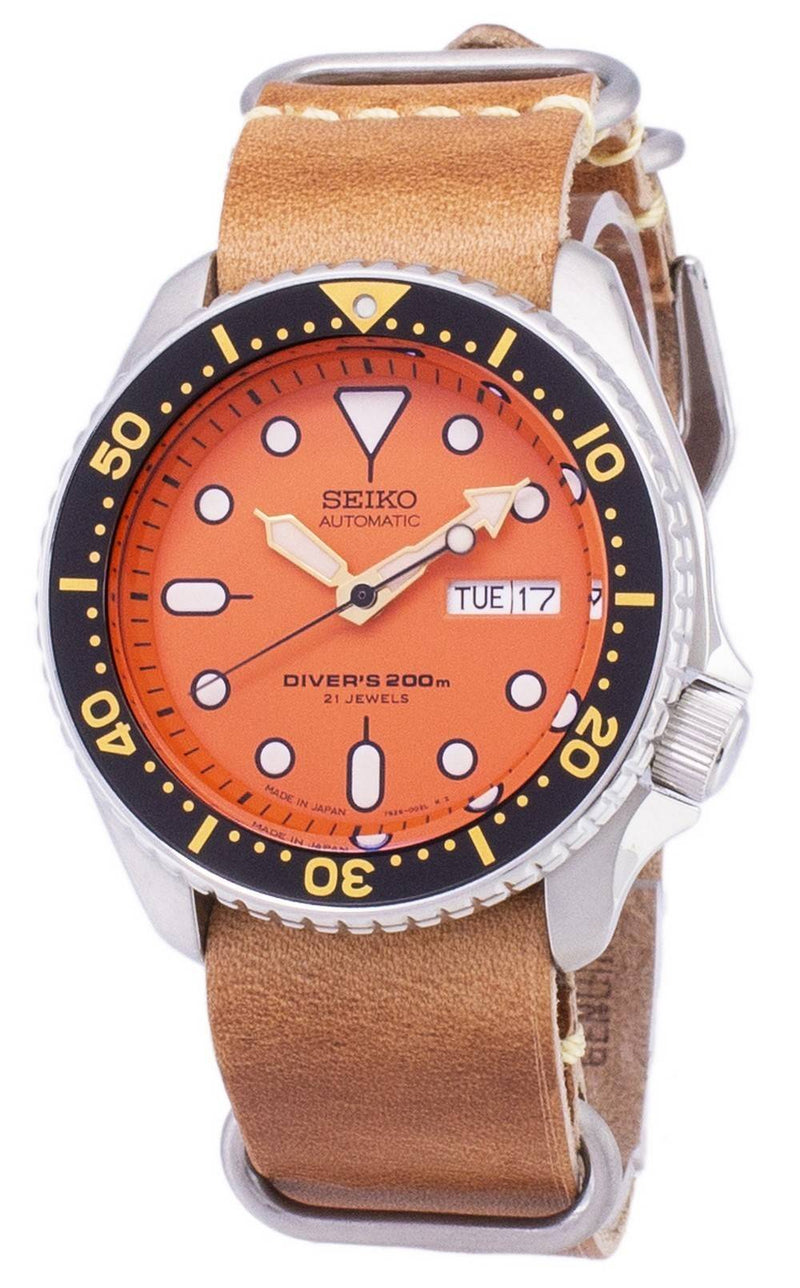 Seiko Automatic SKX011J1-var-LS18 Diver's 200M Japan Made Brown Leather Strap Men's Watch