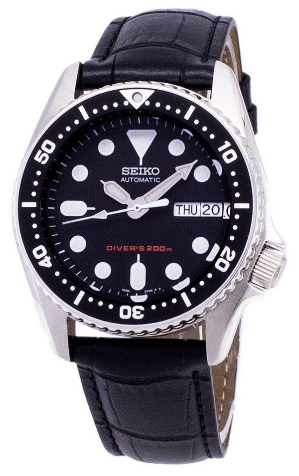 Seiko Automatic SKX013K1-MS1 Diver's 200M Black Leather Strap Men's Watch