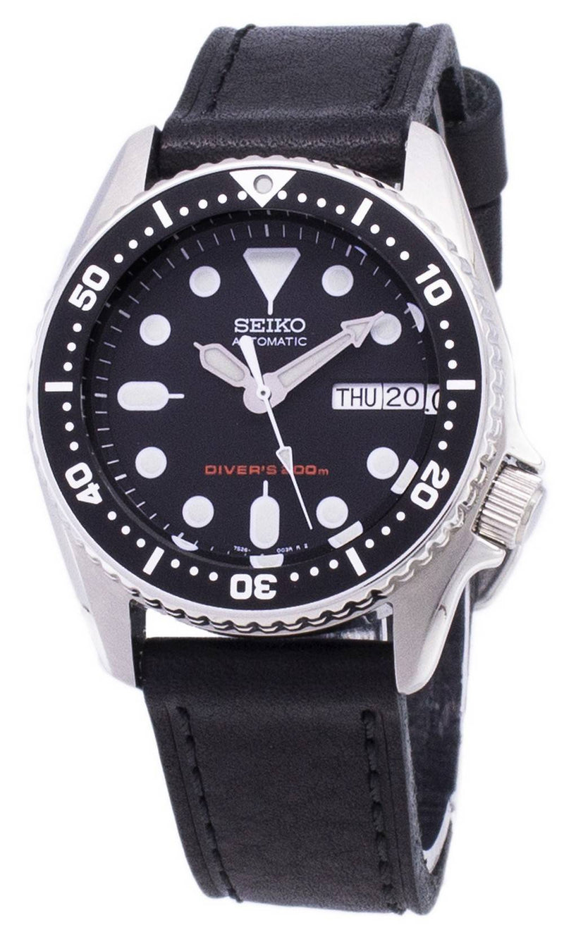 Seiko Automatic SKX013K1-MS3 Diver's 200M Black Leather Strap Men's Watch