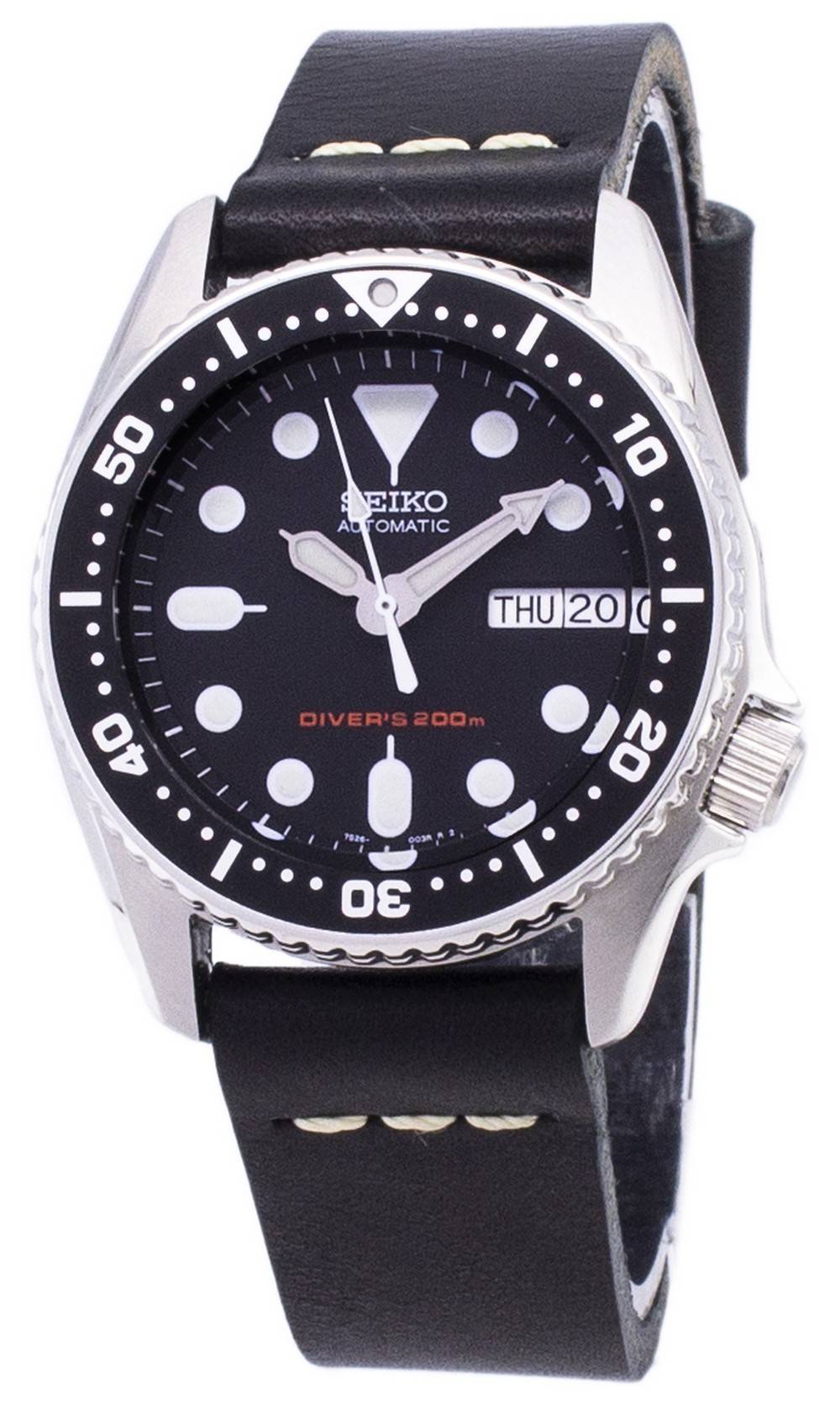 Seiko Automatic SKX013K1-MS8 Diver's 200M Black Leather Strap Men's Wa ...