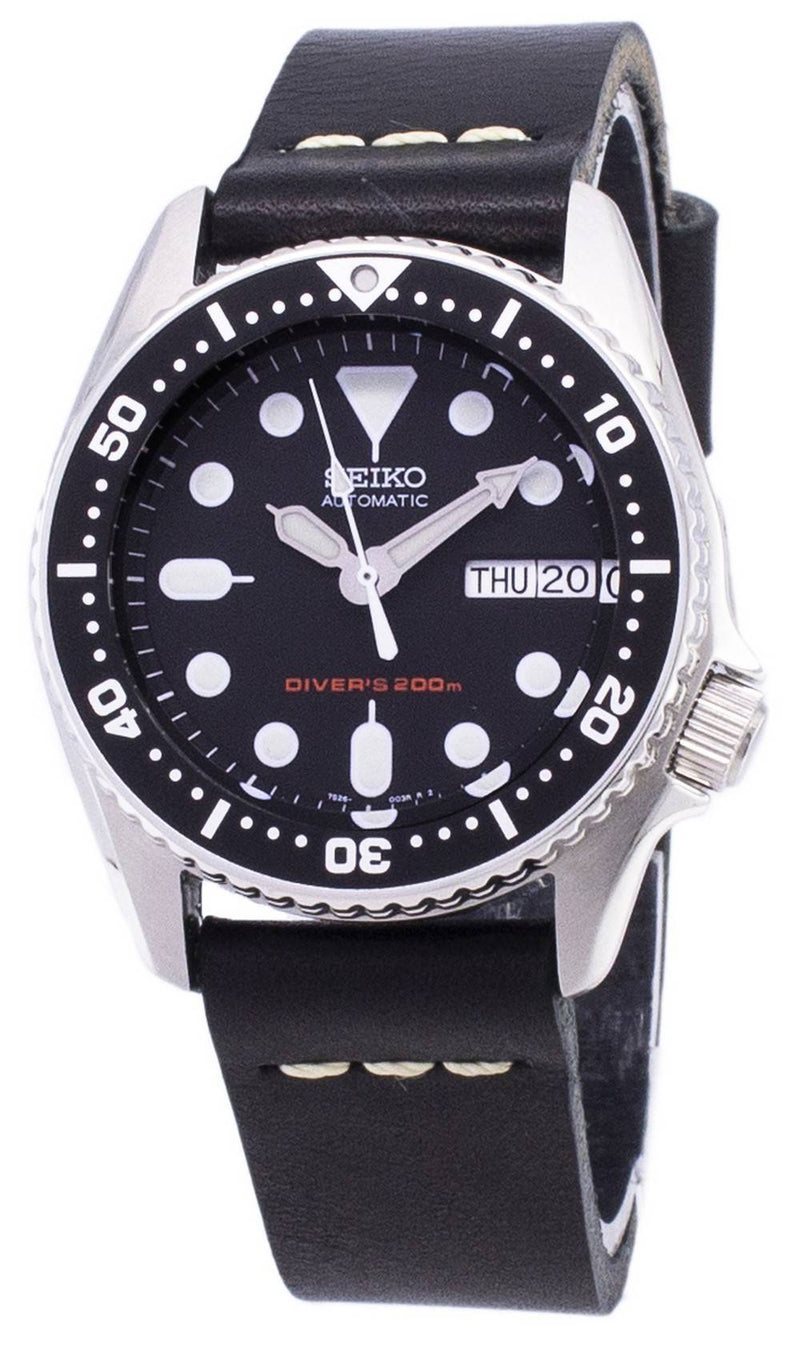 Seiko Automatic SKX013K1-MS8 Diver's 200M Black Leather Strap Men's Watch