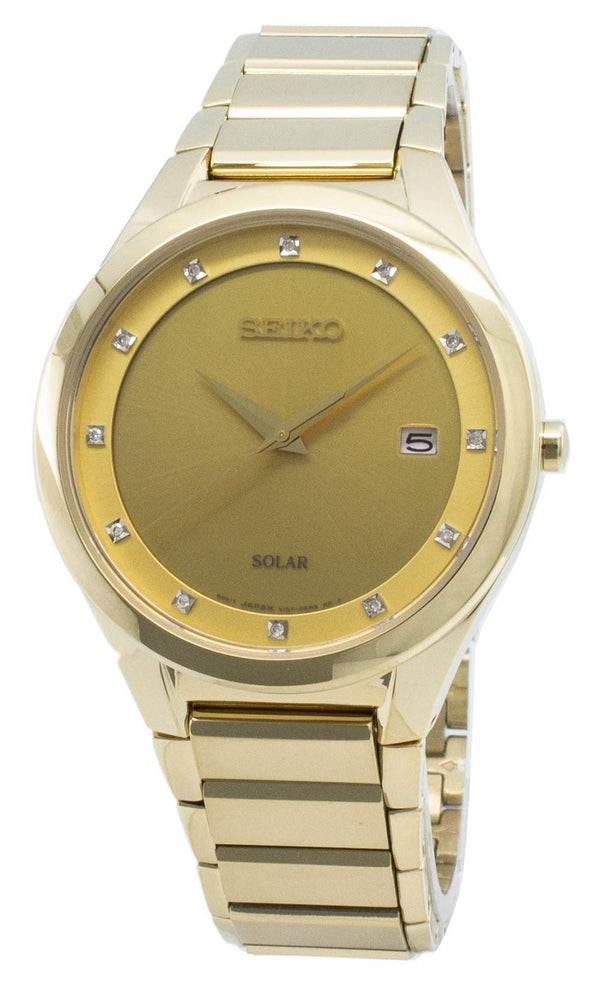 Seiko Solar Diamond Accents Gold Tone Stainless Steel SNE384 SNE384P9 SNE384P Men's Watch