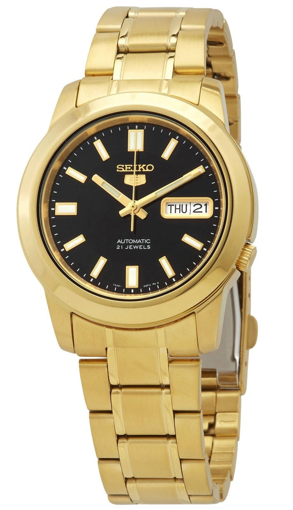 Seiko 5 Gold Tone Stainless Steel Black Dial 21 Jewels Automatic SNKK22K1 Men's Watch