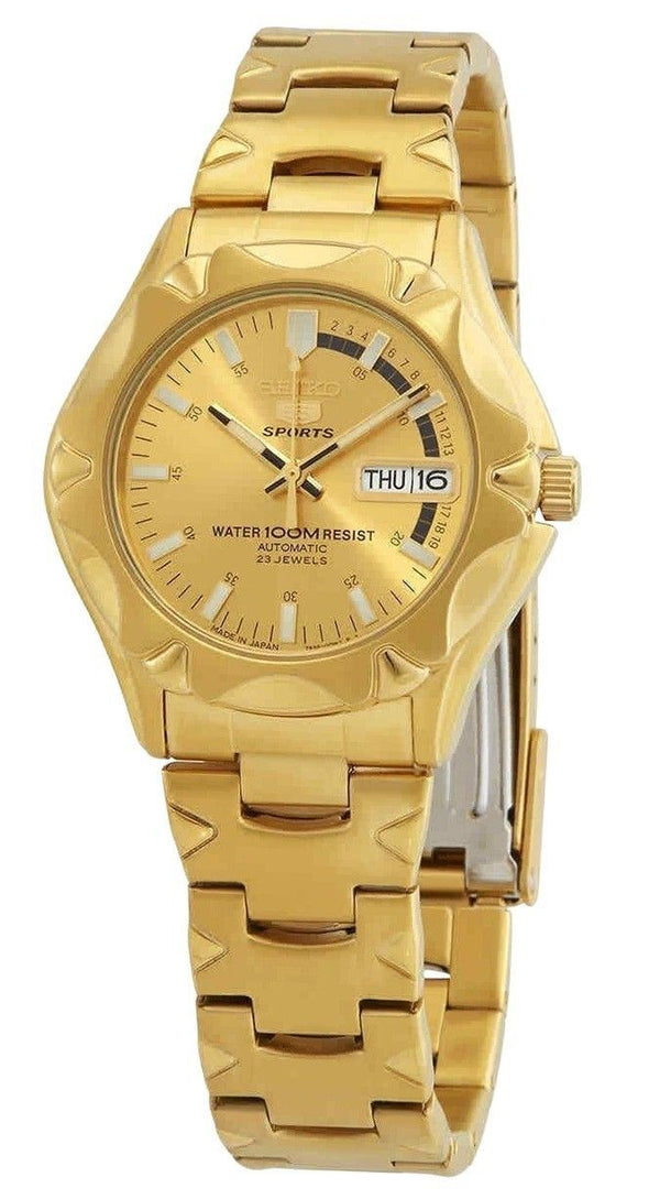 Seiko 5 Sports Gold Tone Stainless Steel Gold Dial 23 Jewels Automatic SNZ450J1 100M Men's Watch