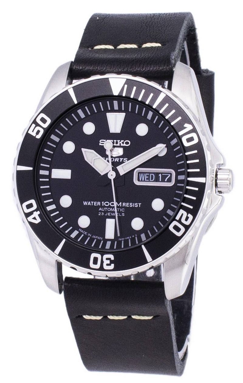 Seiko 5 Sports SNZF17J1-LS14 Automatic Japan Made Black Leather Strap Men's Watch