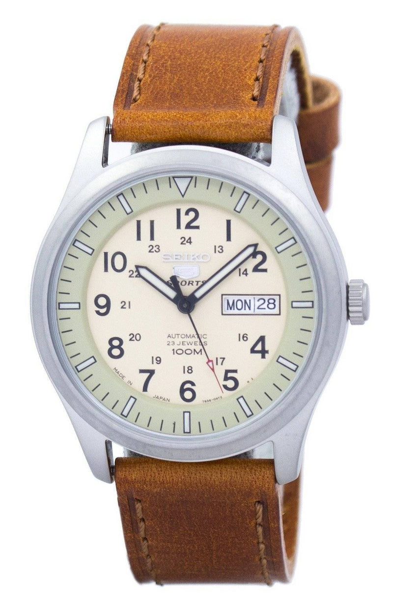 Seiko 5 Sports Military Automatic Japan Made Brown Leather SNZG07J1-var-LS9 100M Men's Watch
