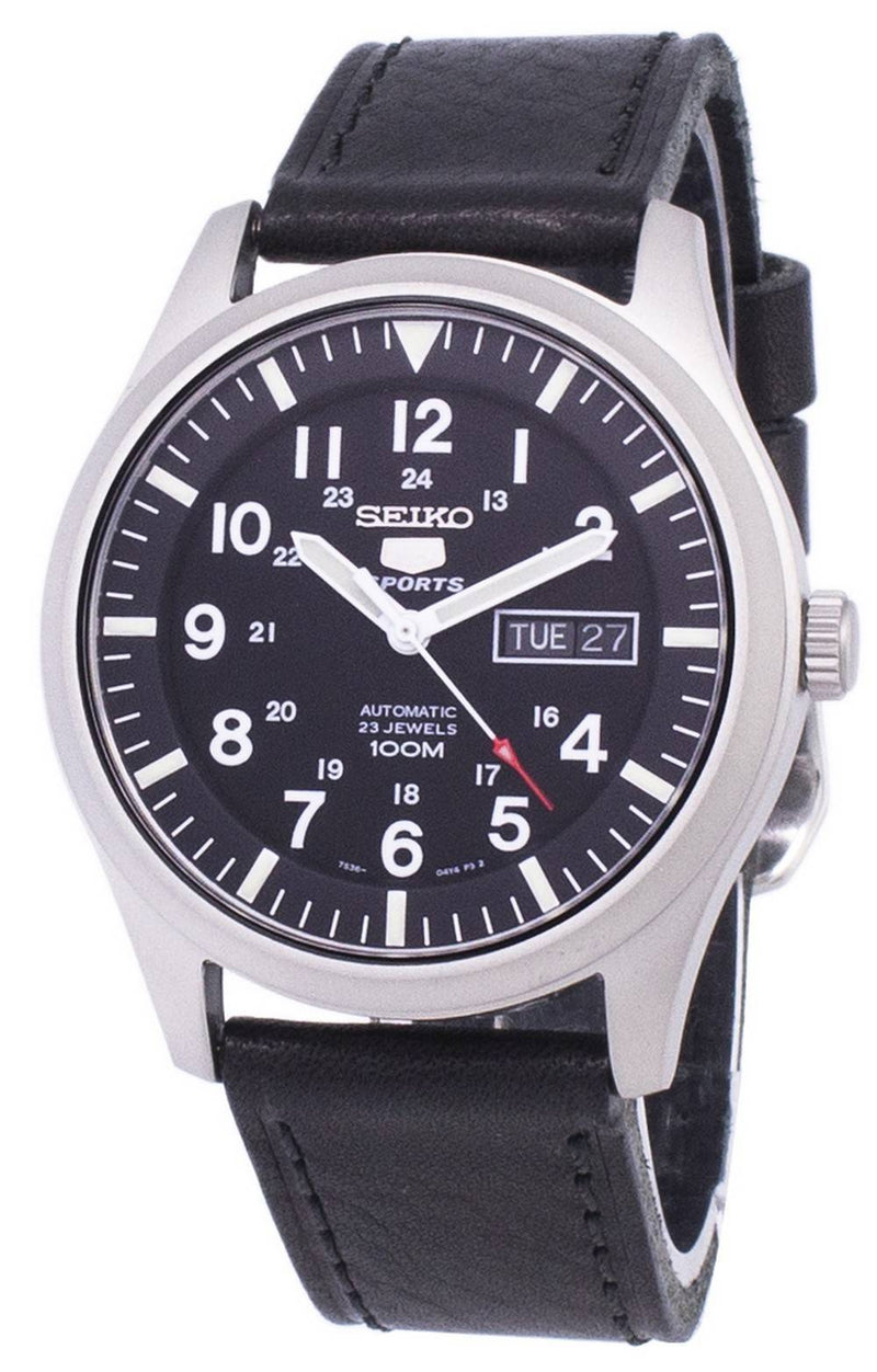 Seiko 5 Sports Automatic Black Leather SNZG15K1-var-LS8 100M Men's Watch