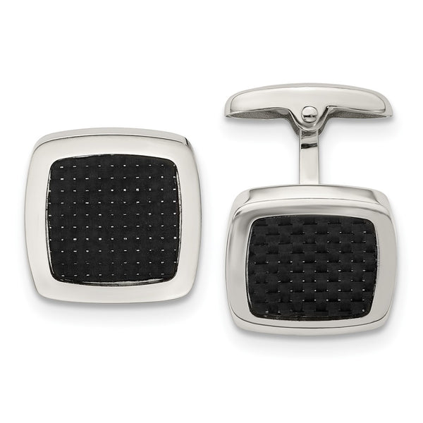 Chisel Stainless Steel Polished Black Carbon Fiber Inlay Rounded Square Cufflinks