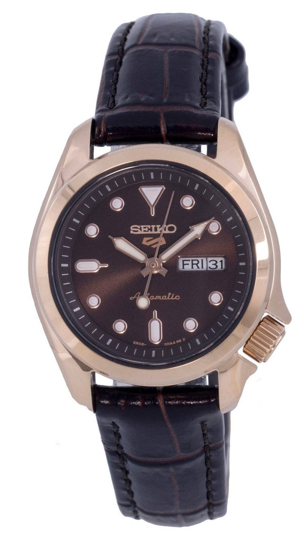 Seiko 5 Sports Compact Leather Brown Dial Automatic SRE006 SRE006K1 SRE006K 100M Women's Watch