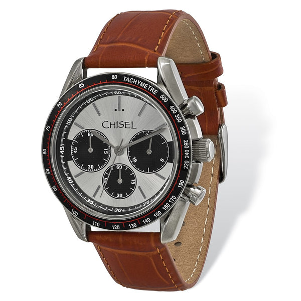 Mens Chisel Stainless Steel Brown Leather Chronograph Watch