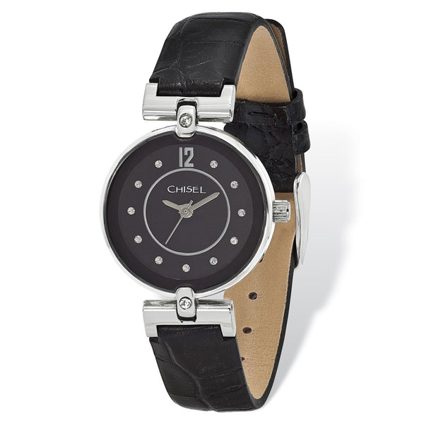 Ladies Chisel Black Dial Black Leather Watch