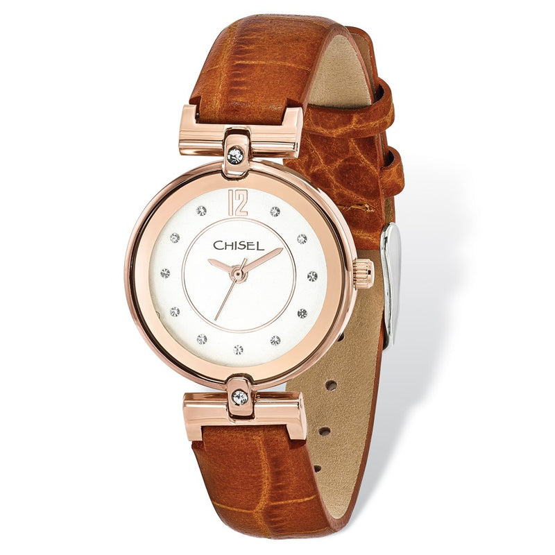 Ladies Chisel Rose IP-plated White Dial Brown Leather Watch