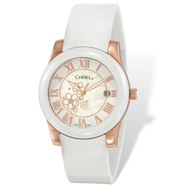 Ladies Chisel Rose IP-plated Floral Dial White Strap Watch