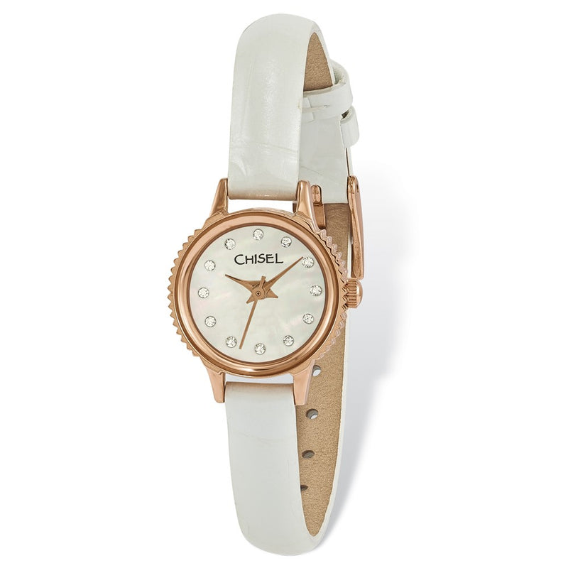 Ladies Chisel Stainless Steel Rose IP-plated White Leather Strap Watch